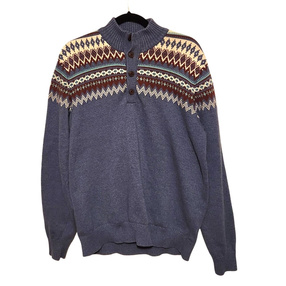 Izod Pullover Sweater 1/4 Button Front Fair Isle Design Blue Cotton Mens Size XL
